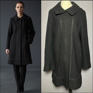 Hilary Radley 100% Boiled Wool A Line Pea Coat with Leather Trim Detail Black